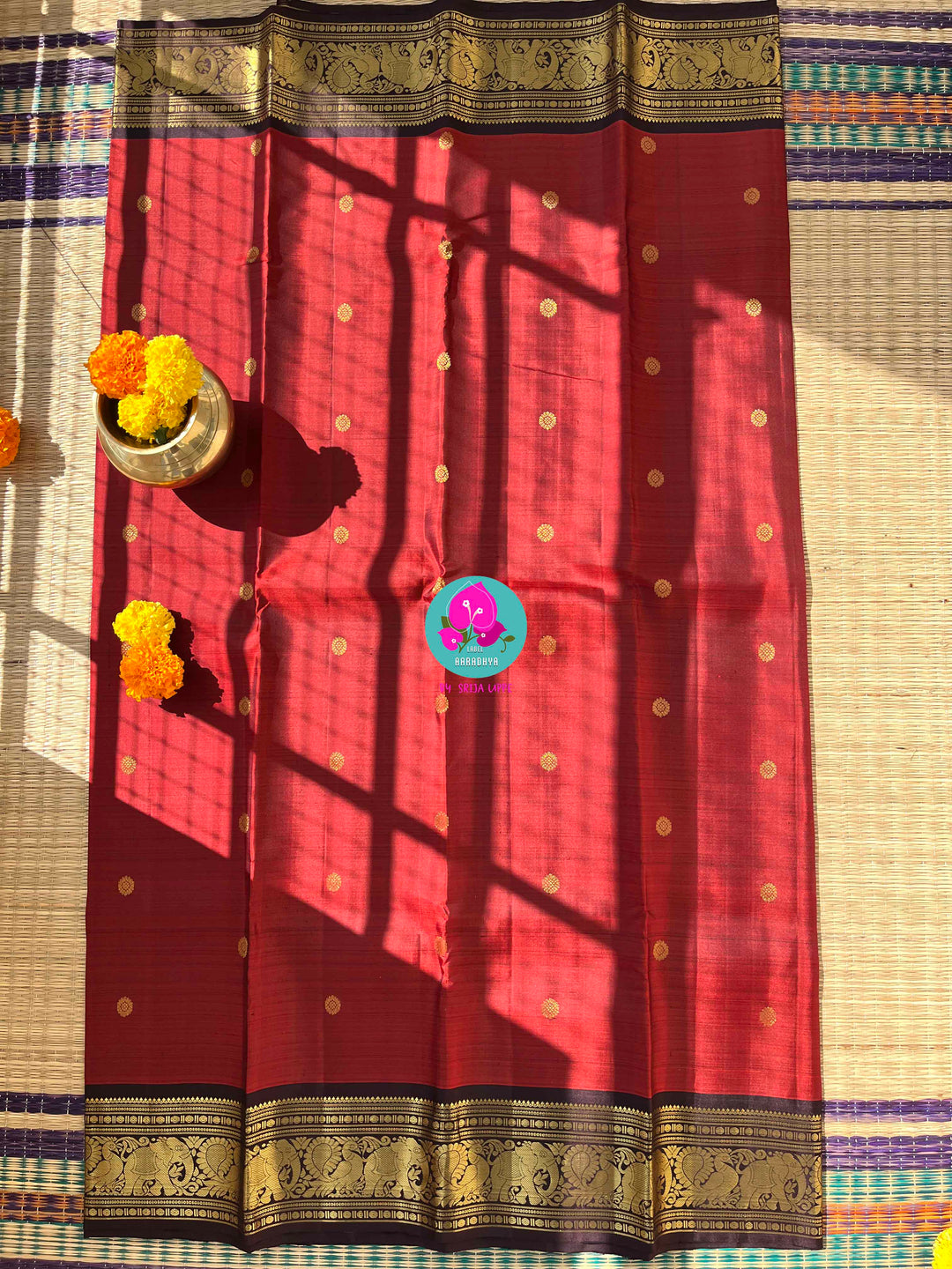 Earth & Elegance: Rustic Maroon Kanjivaram with Deep Brown Contrast