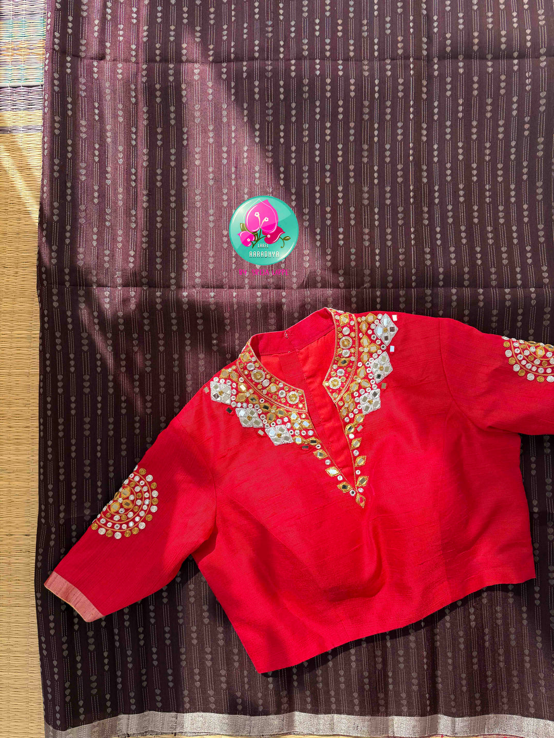 Earthy Organic Luxury & Scarlet Mirror Glamour: Pure Khadi Silk Coffee Brown Saree with Hand-Embroidered Red Mirror Blouse