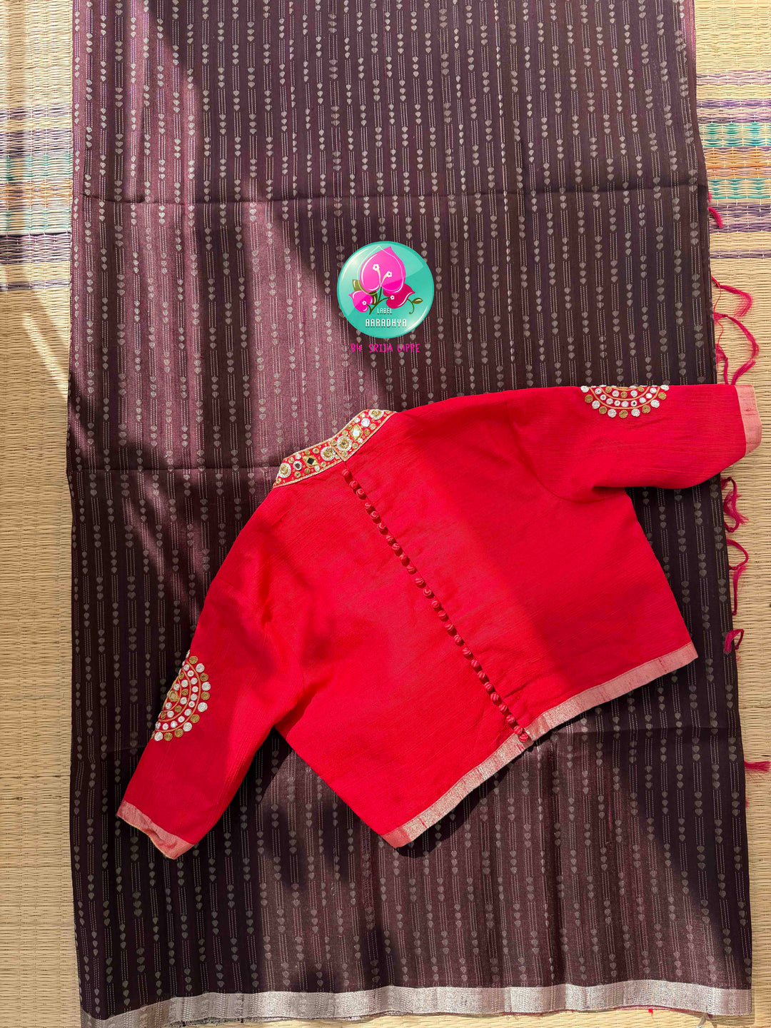 Earthy Organic Luxury & Scarlet Mirror Glamour: Pure Khadi Silk Coffee Brown Saree with Hand-Embroidered Red Mirror Blouse