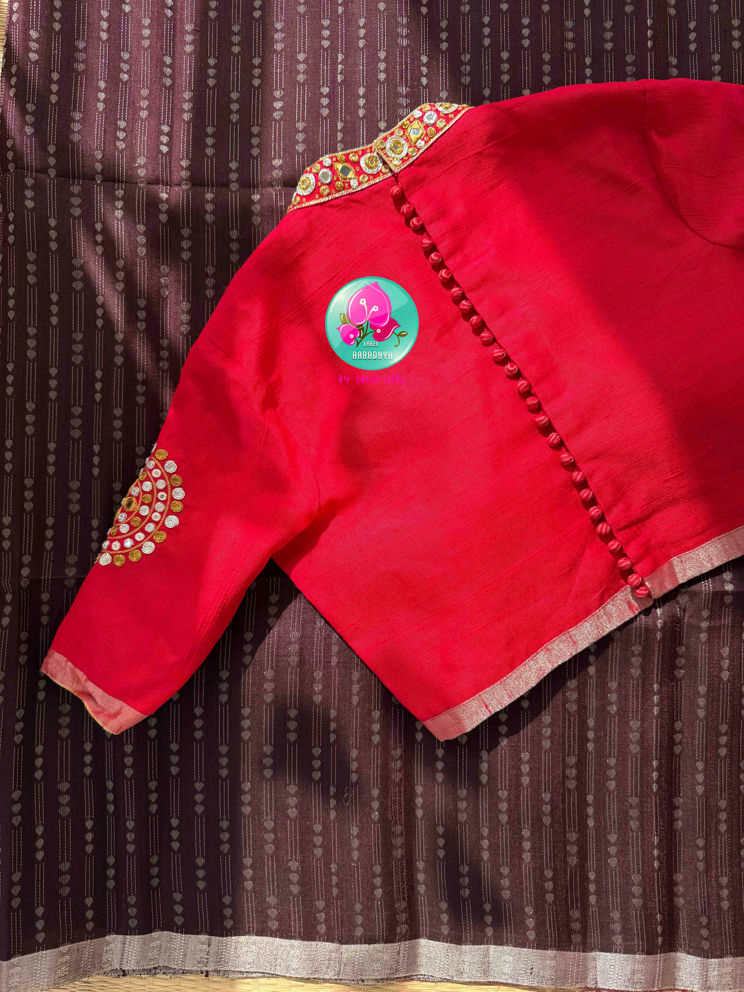 Earthy Organic Luxury & Scarlet Mirror Glamour: Pure Khadi Silk Coffee Brown Saree with Hand-Embroidered Red Mirror Blouse