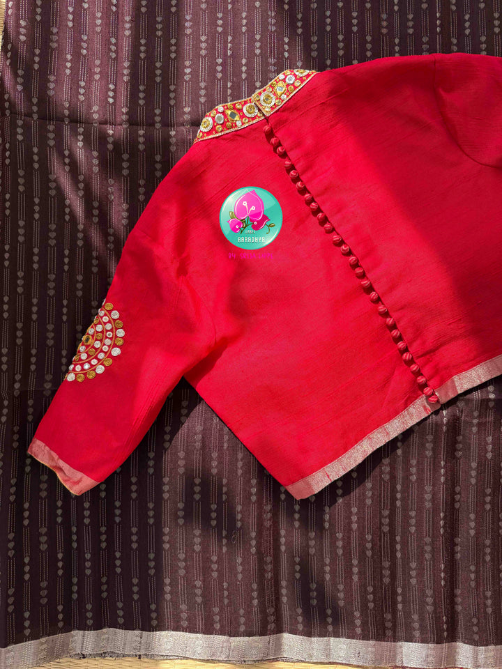 Earthy Organic Luxury & Scarlet Mirror Glamour: Pure Khadi Silk Coffee Brown Saree with Hand-Embroidered Red Mirror Blouse
