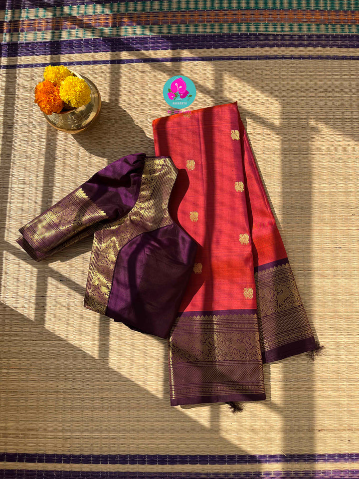 Fiery Passion & Regal Plum: Dual-Tone Kanjivaram with Contrast Purple and Puff Sleeve Blouse