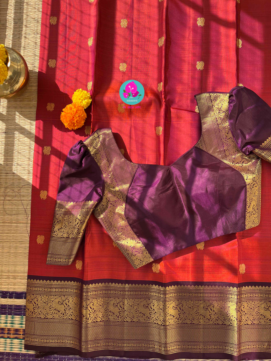 Fiery Passion & Regal Plum: Dual-Tone Kanjivaram with Contrast Purple and Puff Sleeve Blouse