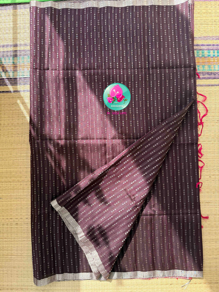 Earthy Organic Luxury & Scarlet Mirror Glamour: Pure Khadi Silk Coffee Brown Saree with Hand-Embroidered Red Mirror Blouse