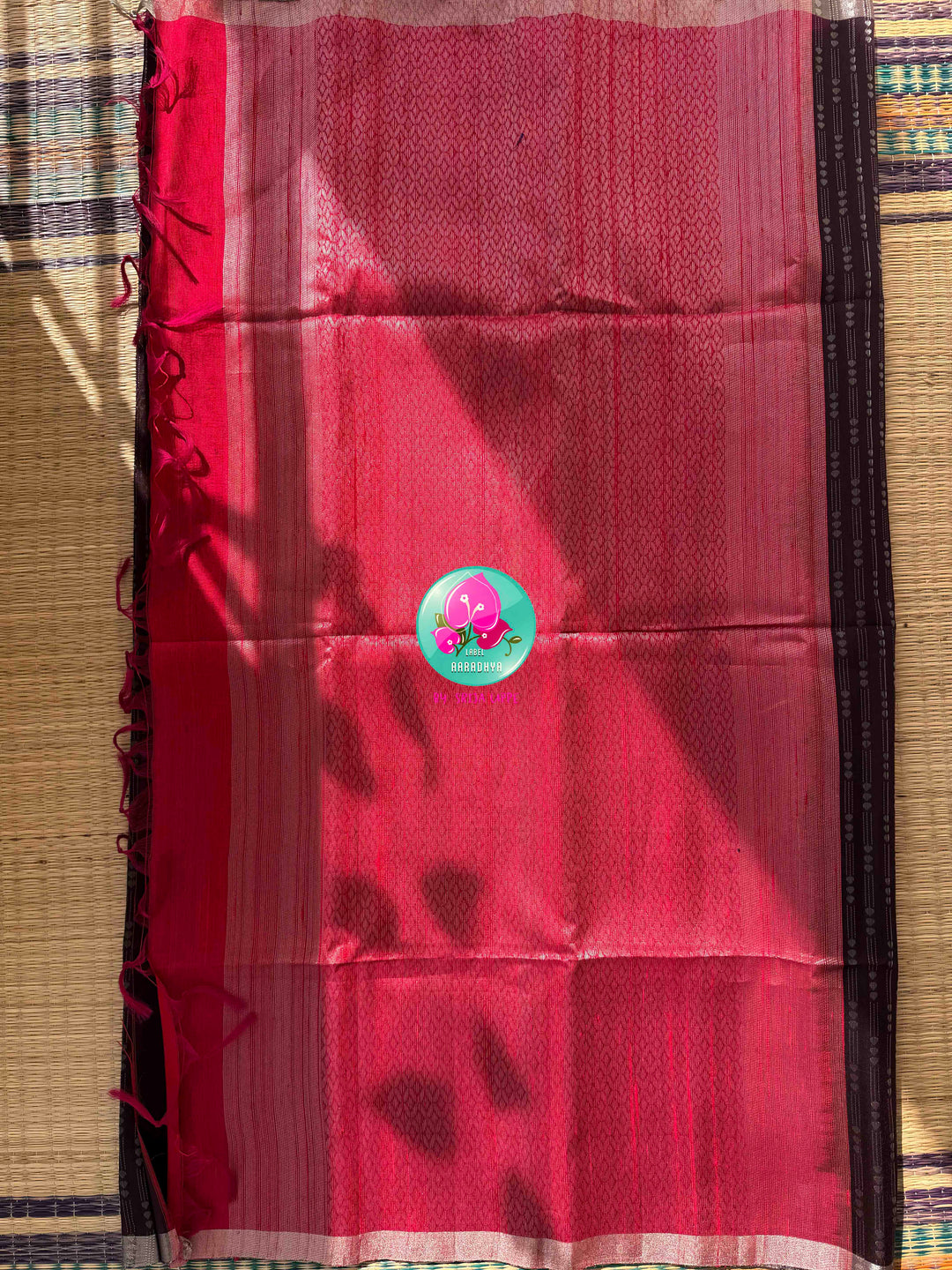 Earthy Organic Luxury & Scarlet Mirror Glamour: Pure Khadi Silk Coffee Brown Saree with Hand-Embroidered Red Mirror Blouse