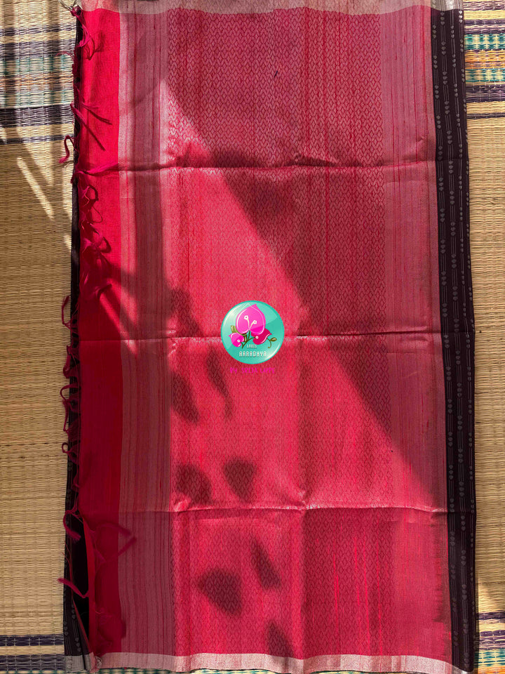 Earthy Organic Luxury & Scarlet Mirror Glamour: Pure Khadi Silk Coffee Brown Saree with Hand-Embroidered Red Mirror Blouse