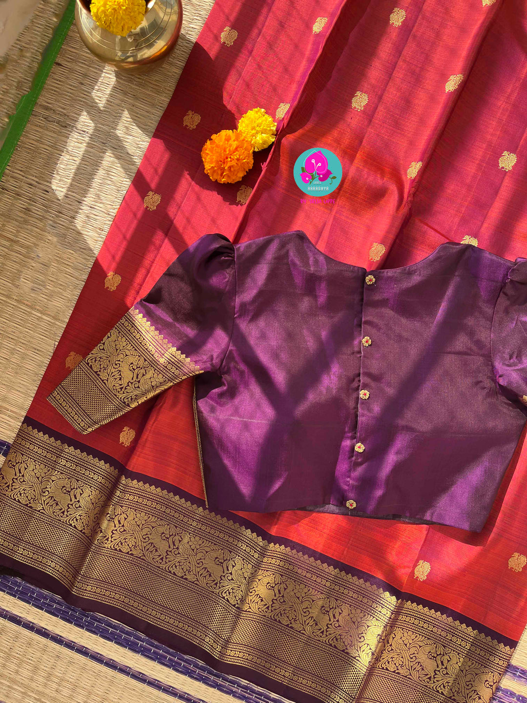 Fiery Passion & Regal Plum: Dual-Tone Kanjivaram with Contrast Purple and Puff Sleeve Blouse