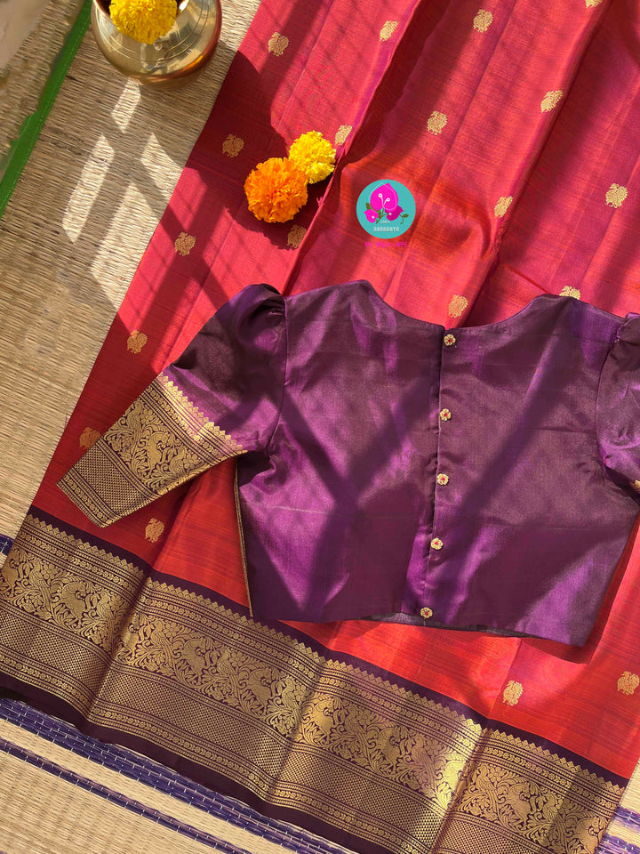 Fiery Passion & Regal Plum: Dual-Tone Kanjivaram with Contrast Purple and Puff Sleeve Blouse