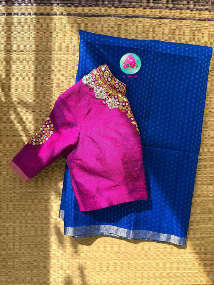Regal Electric Glamour: Pure Khadi Silk Royal Blue Saree with Hand-Embroidered Magenta Pink Mirror Blouse
