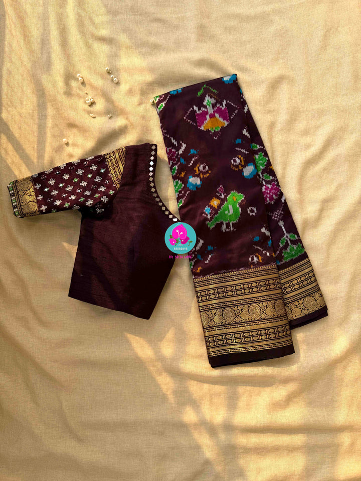 Dark Brown Ikkat Pure Silk with Kanchi Heritage & Mirror Artistry