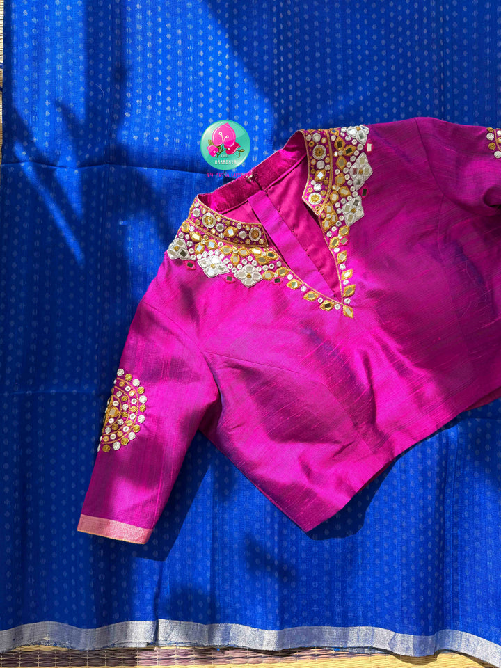 Regal Electric Glamour: Pure Khadi Silk Royal Blue Saree with Hand-Embroidered Magenta Pink Mirror Blouse