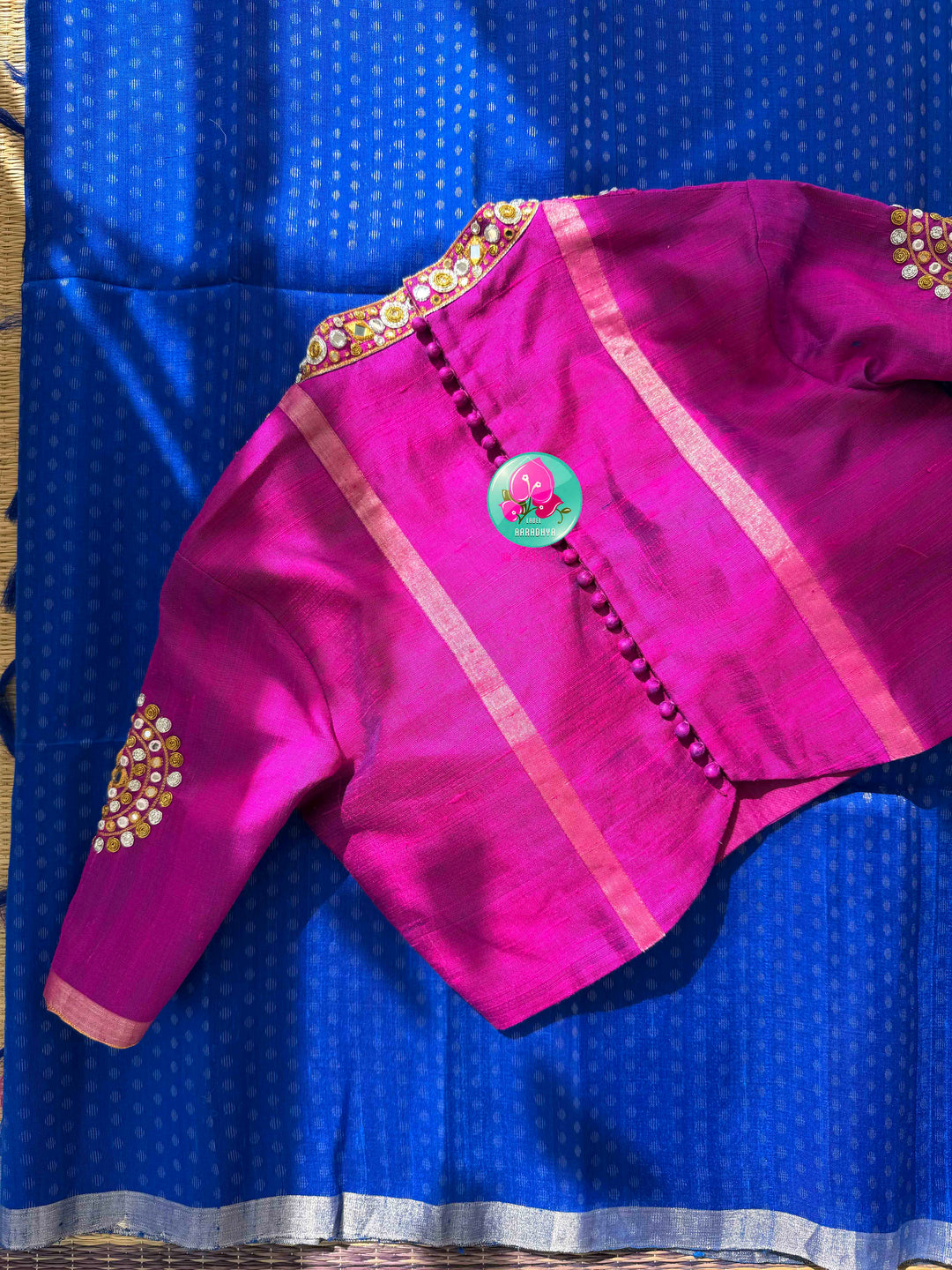 Regal Electric Glamour: Pure Khadi Silk Royal Blue Saree with Hand-Embroidered Magenta Pink Mirror Blouse