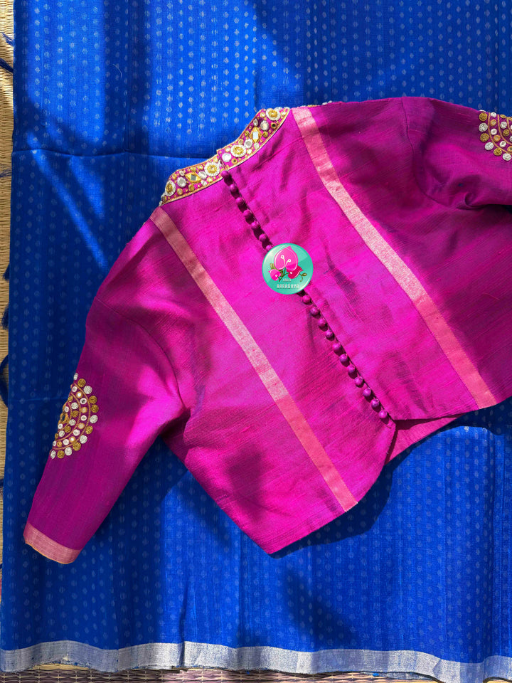Regal Electric Glamour: Pure Khadi Silk Royal Blue Saree with Hand-Embroidered Magenta Pink Mirror Blouse