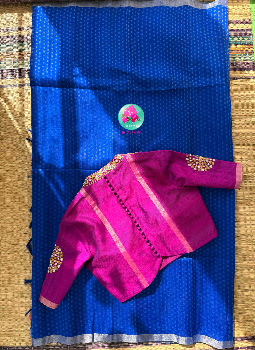 Regal Electric Glamour: Pure Khadi Silk Royal Blue Saree with Hand-Embroidered Magenta Pink Mirror Blouse