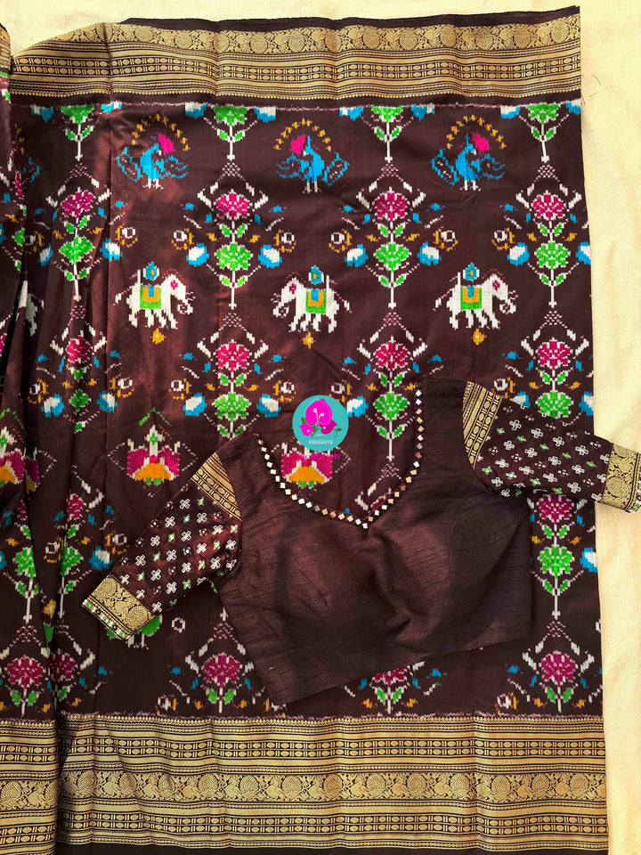 Dark Brown Ikkat Pure Silk with Kanchi Heritage & Mirror Artistry