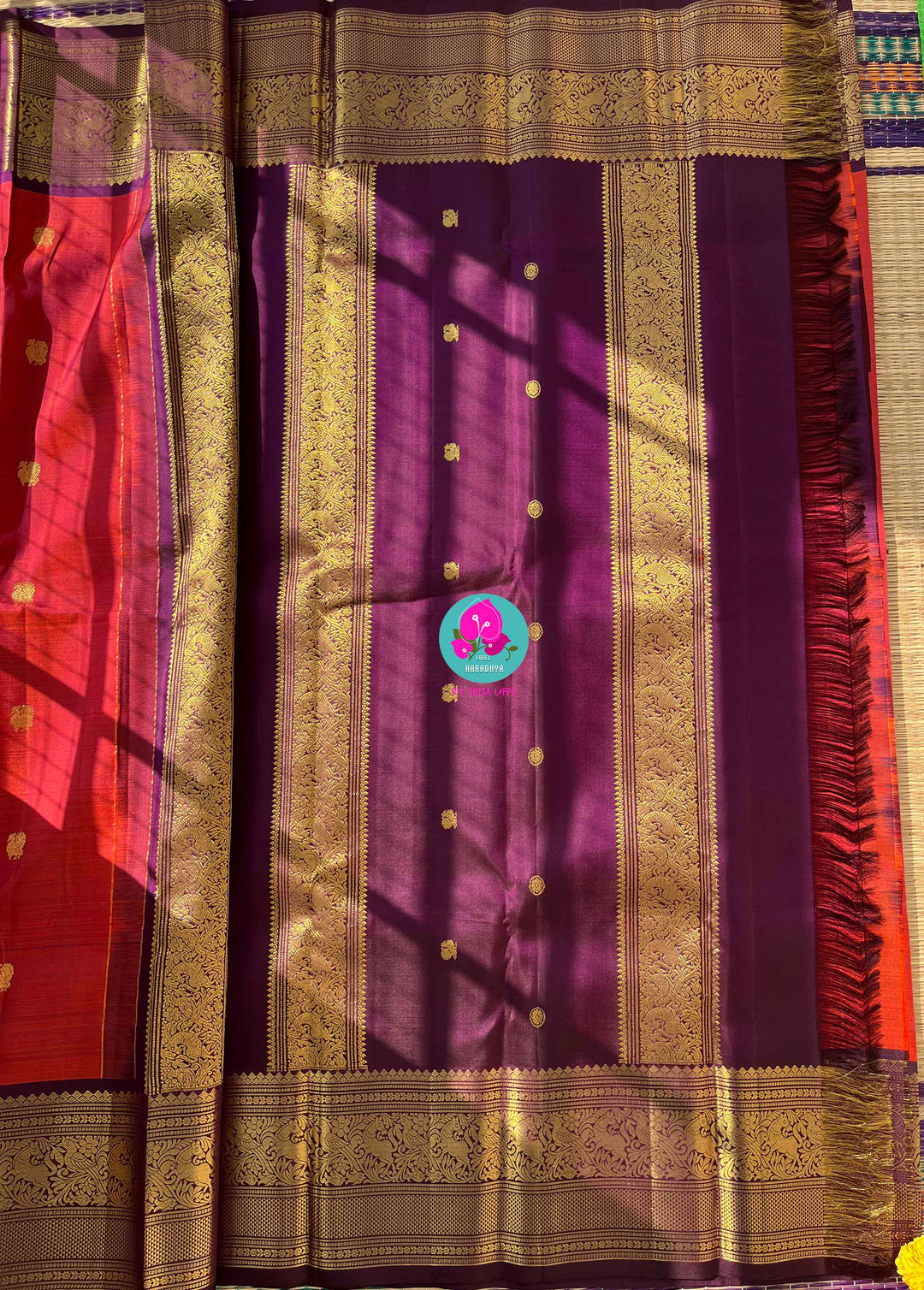 Fiery Passion & Regal Plum: Dual-Tone Kanjivaram with Contrast Purple and Puff Sleeve Blouse