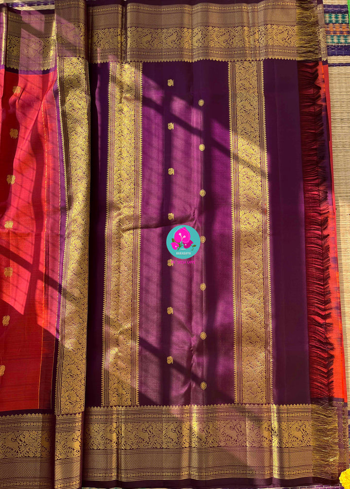 Fiery Passion & Regal Plum: Dual-Tone Kanjivaram with Contrast Purple and Puff Sleeve Blouse
