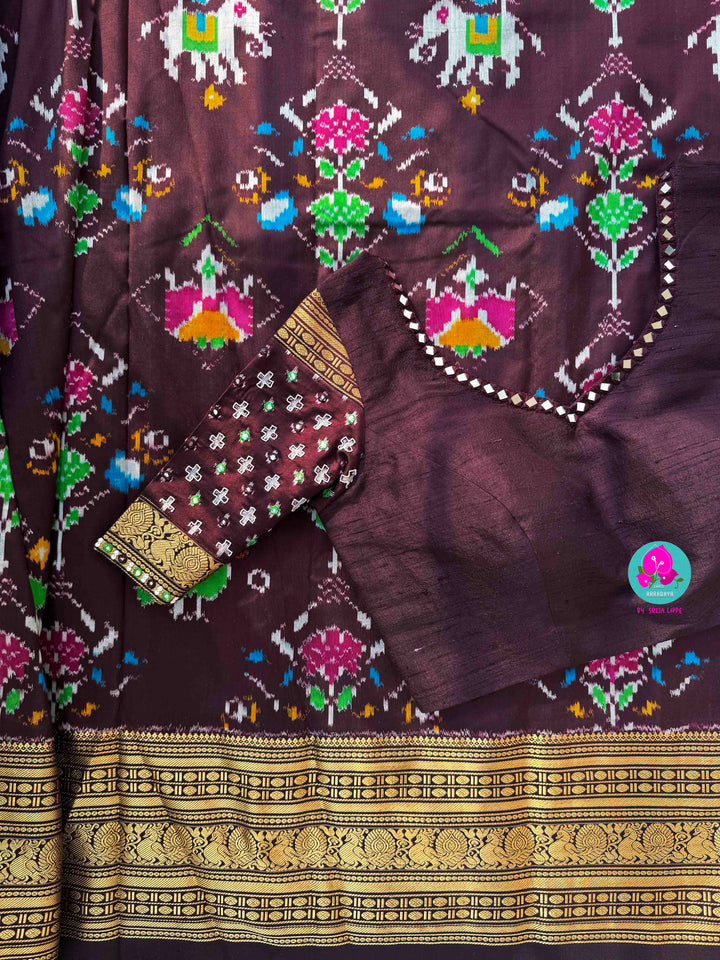 Dark Brown Ikkat Pure Silk with Kanchi Heritage & Mirror Artistry