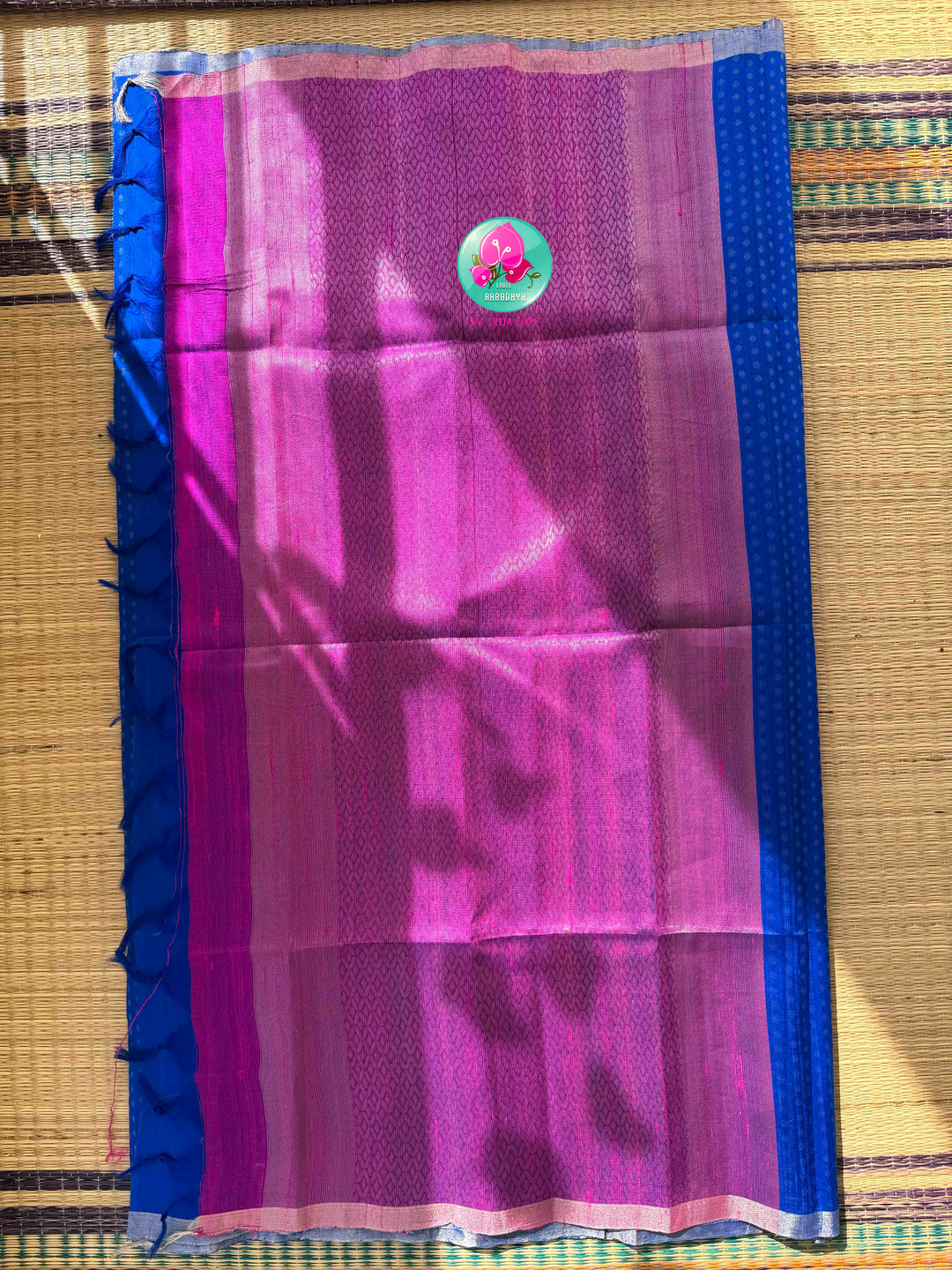 Regal Electric Glamour: Pure Khadi Silk Royal Blue Saree with Hand-Embroidered Magenta Pink Mirror Blouse
