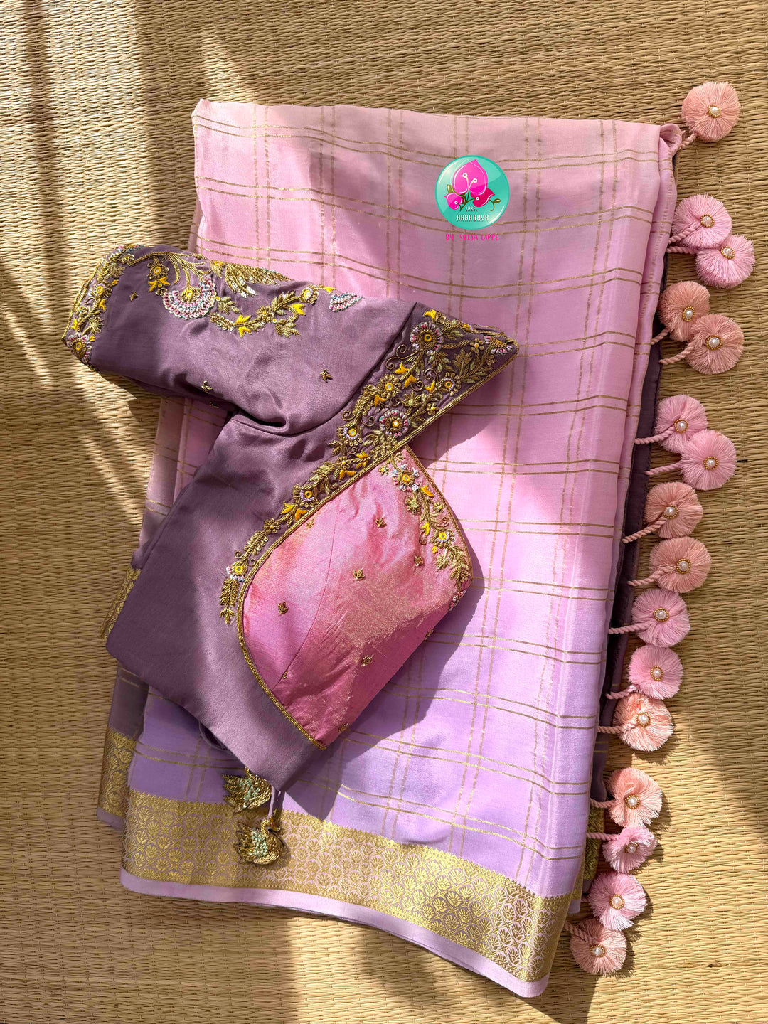 Ethereal Ombré Dream: Dual Ombré Lavender Checkered 120gsm Pure Mysore Silk Saree with Hand-Embroidered Peacock Blouse
