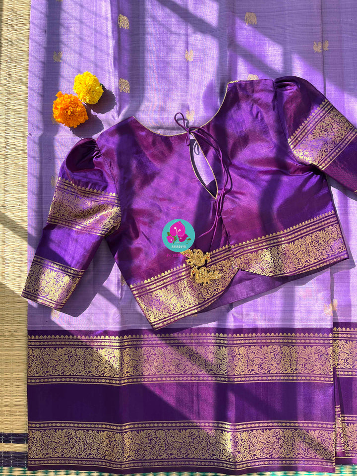 Lavender Skies & Royal Dreams: Kanjivaram with Contrast Purple and Embroidered Blouse