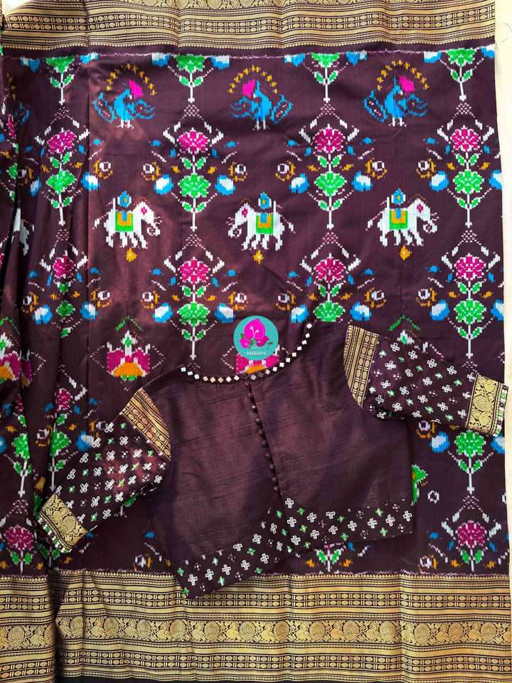 Dark Brown Ikkat Pure Silk with Kanchi Heritage & Mirror Artistry