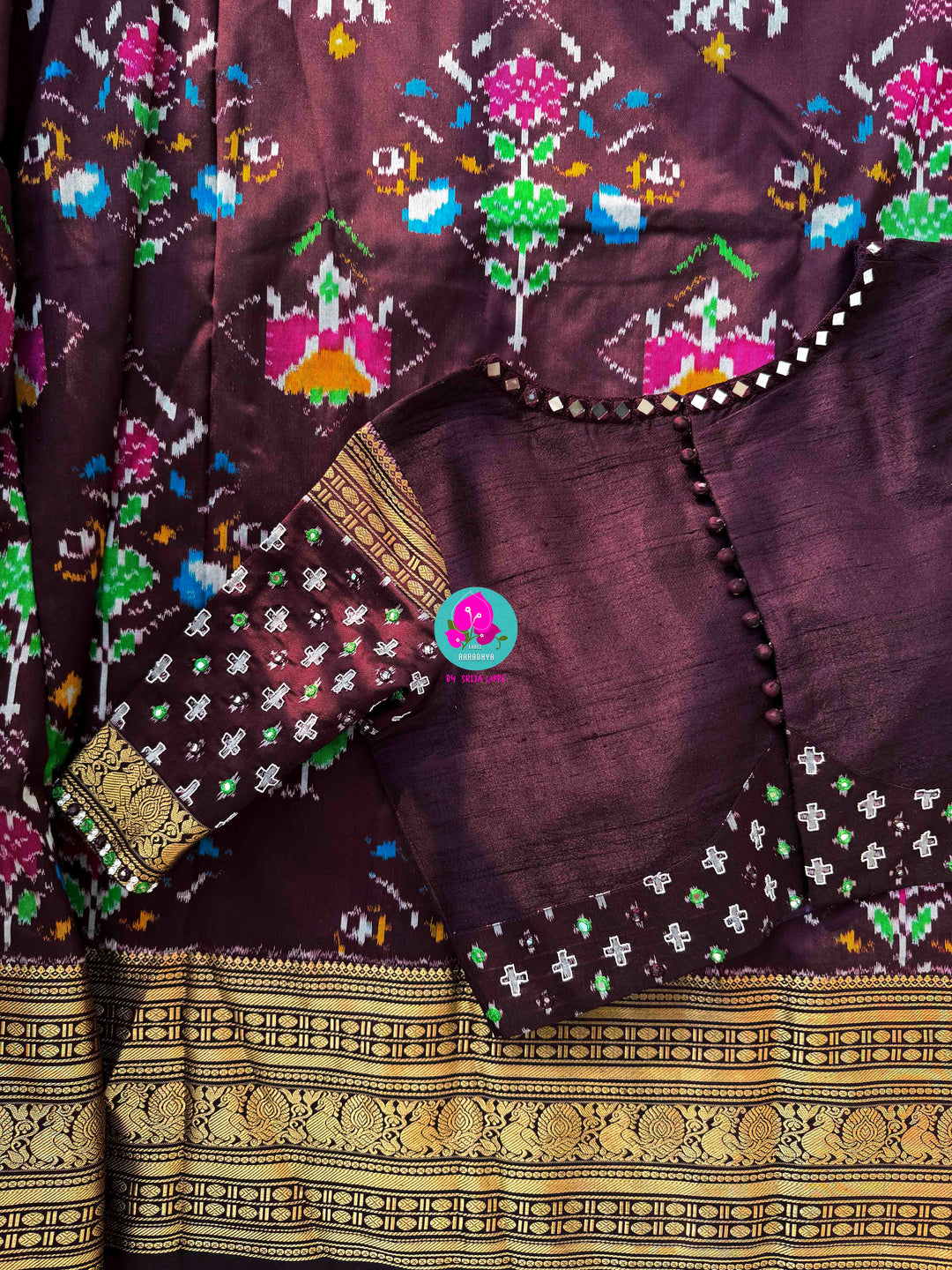 Dark Brown Ikkat Pure Silk with Kanchi Heritage & Mirror Artistry