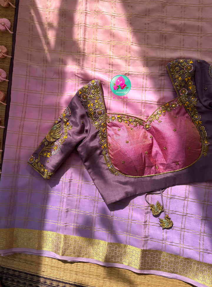 Ethereal Ombré Dream: Dual Ombré Lavender Checkered 120gsm Pure Mysore Silk Saree with Hand-Embroidered Peacock Blouse