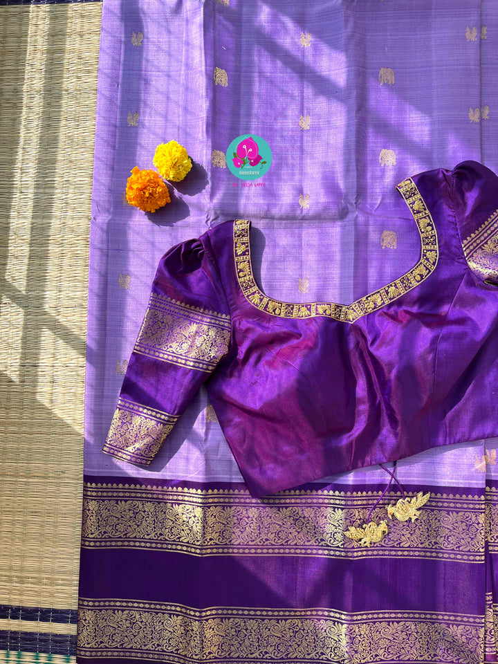 Lavender Skies & Royal Dreams: Kanjivaram with Contrast Purple and Embroidered Blouse