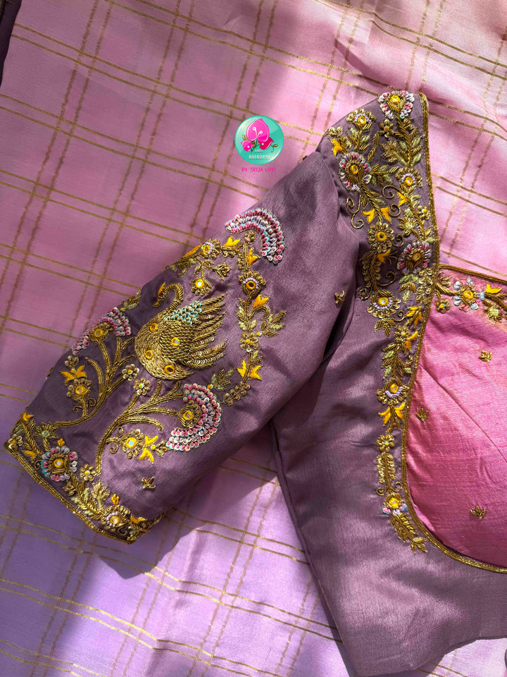 Ethereal Ombré Dream: Dual Ombré Lavender Checkered 120gsm Pure Mysore Silk Saree with Hand-Embroidered Peacock Blouse
