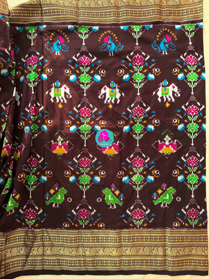 Dark Brown Ikkat Pure Silk with Kanchi Heritage & Mirror Artistry