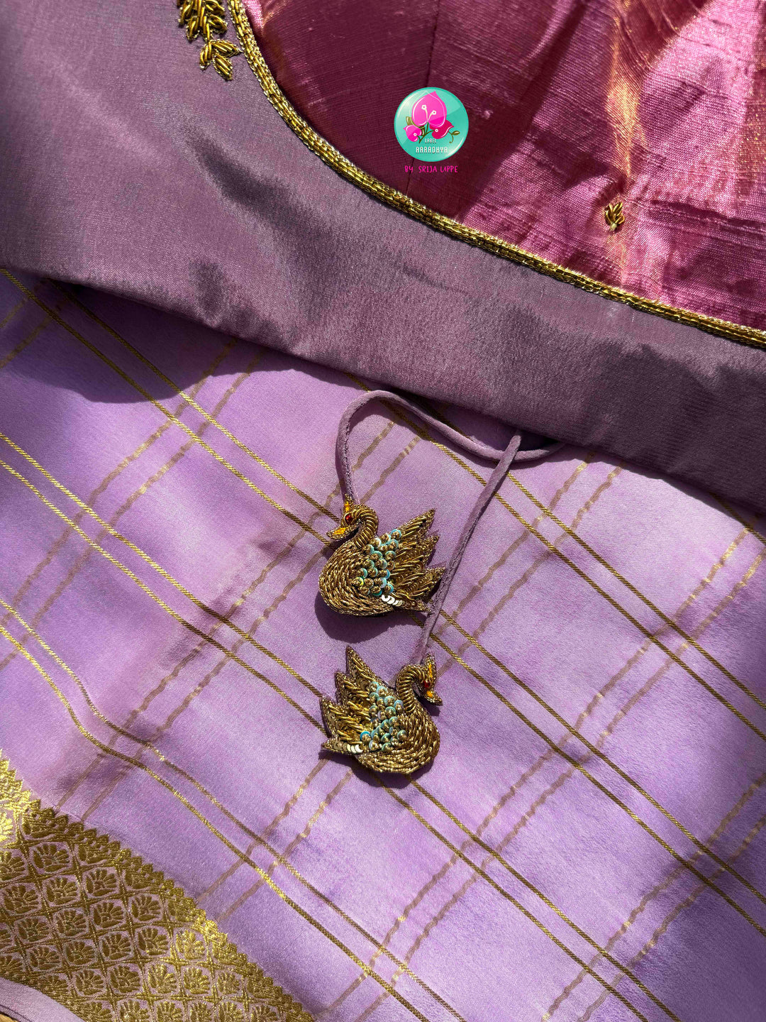Ethereal Ombré Dream: Dual Ombré Lavender Checkered 120gsm Pure Mysore Silk Saree with Hand-Embroidered Peacock Blouse