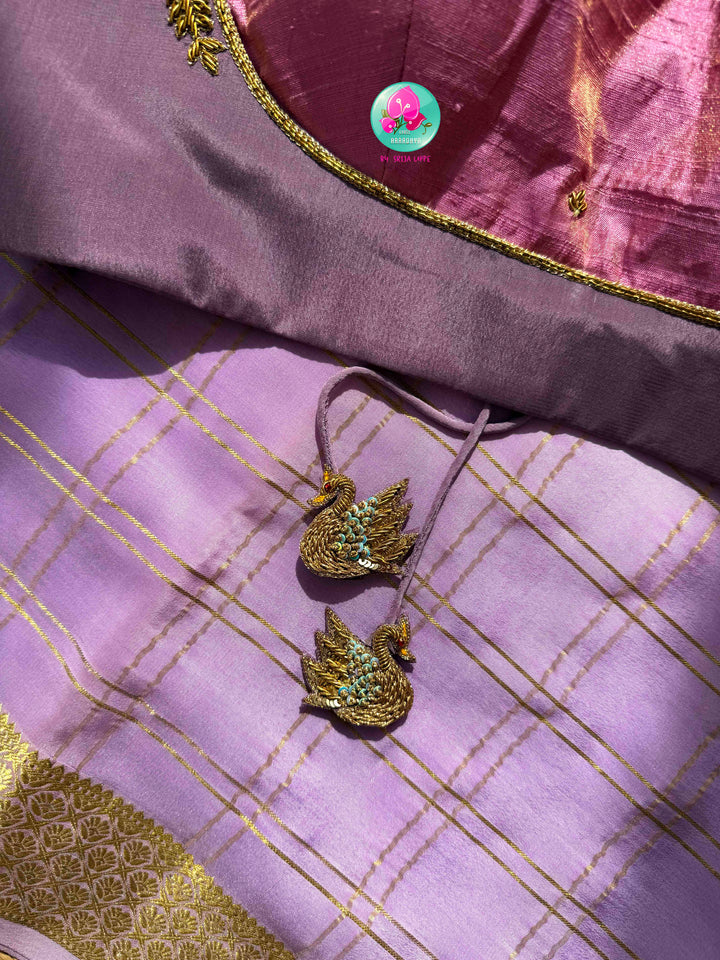 Ethereal Ombré Dream: Dual Ombré Lavender Checkered 120gsm Pure Mysore Silk Saree with Hand-Embroidered Peacock Blouse