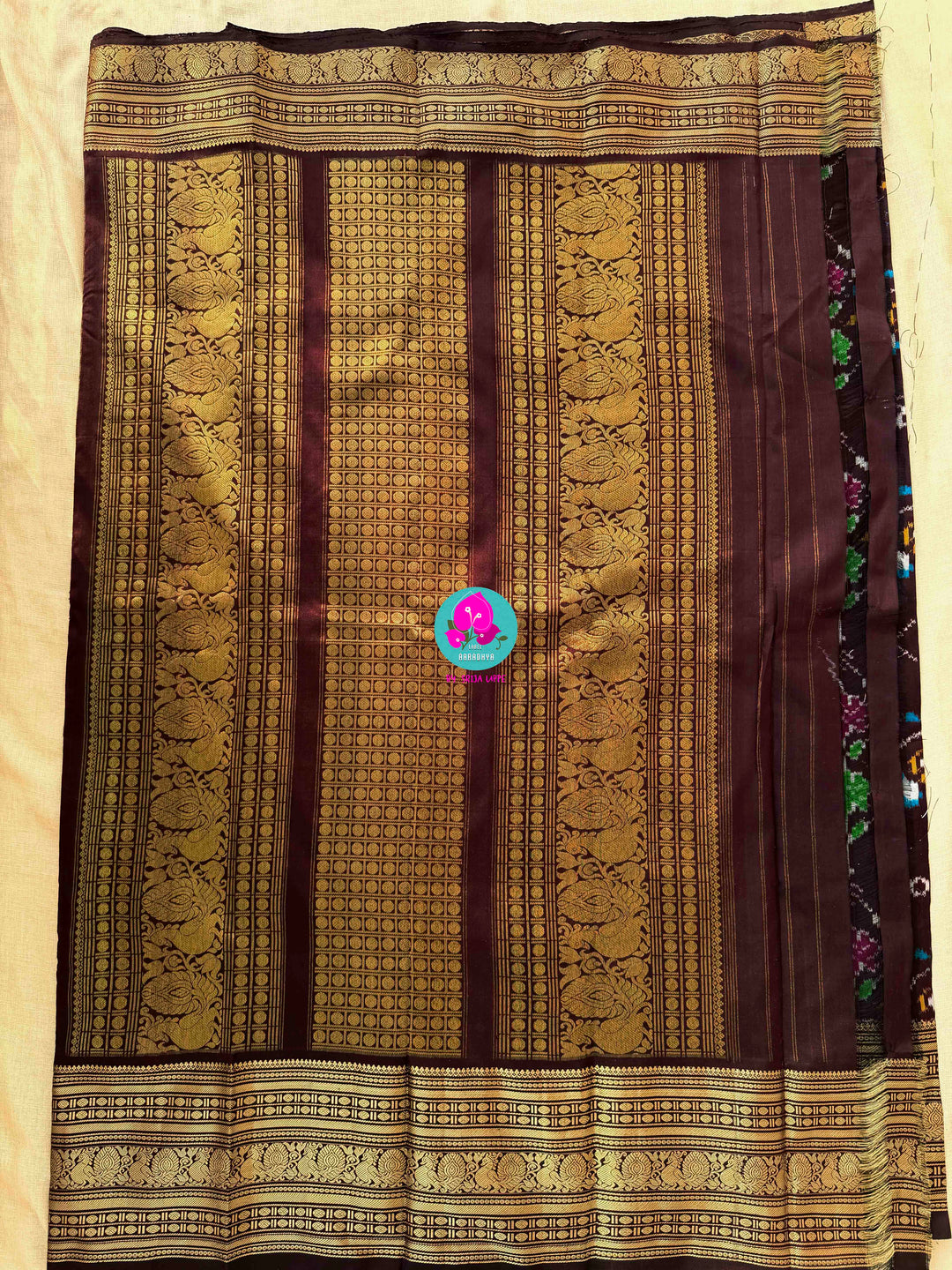 Dark Brown Ikkat Pure Silk with Kanchi Heritage & Mirror Artistry