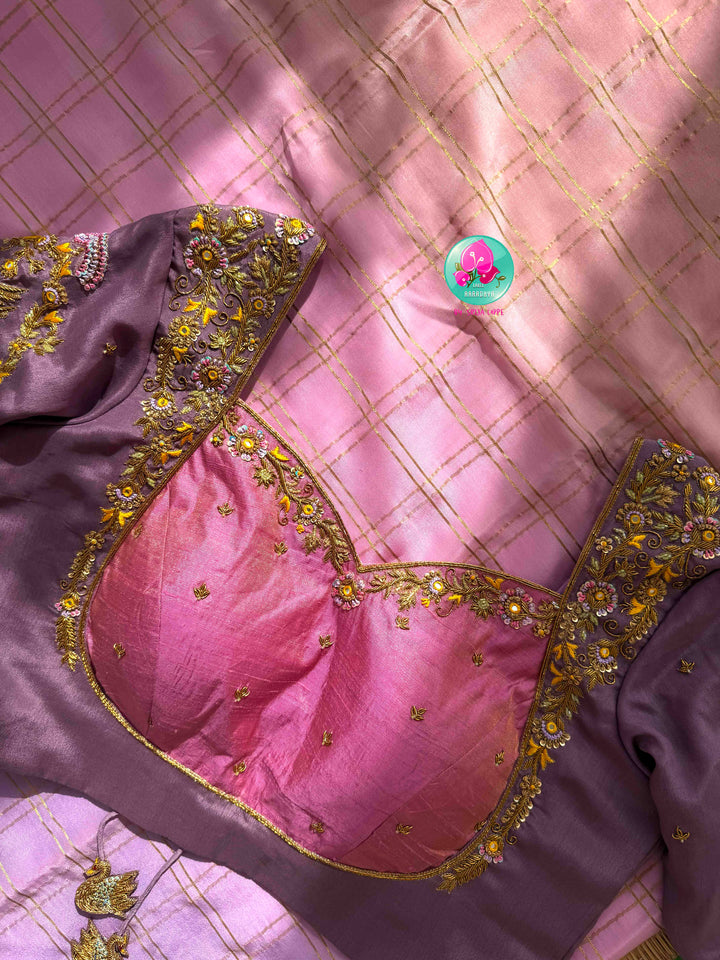 Ethereal Ombré Dream: Dual Ombré Lavender Checkered 120gsm Pure Mysore Silk Saree with Hand-Embroidered Peacock Blouse