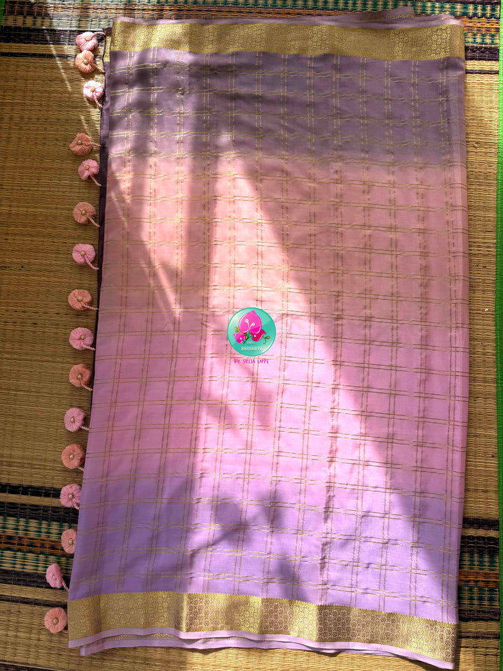 Ethereal Ombré Dream: Dual Ombré Lavender Checkered 120gsm Pure Mysore Silk Saree with Hand-Embroidered Peacock Blouse