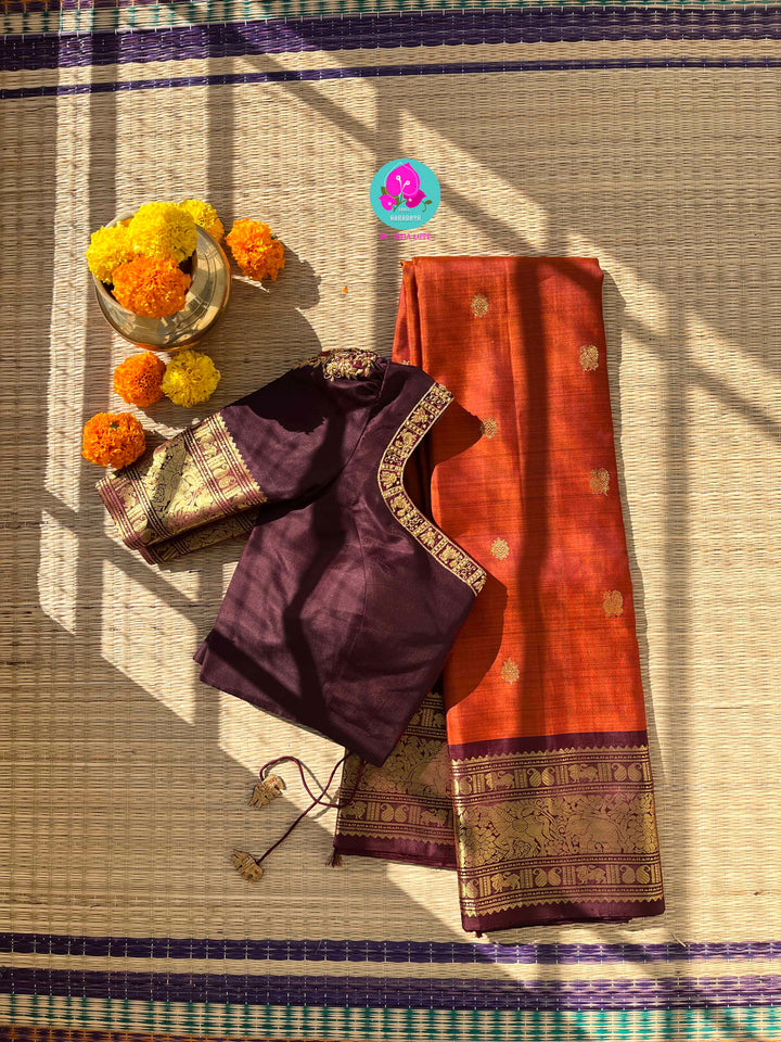 Pure Kanchipattu saree in vintage rust orange and brown border with hand embroidered blouse