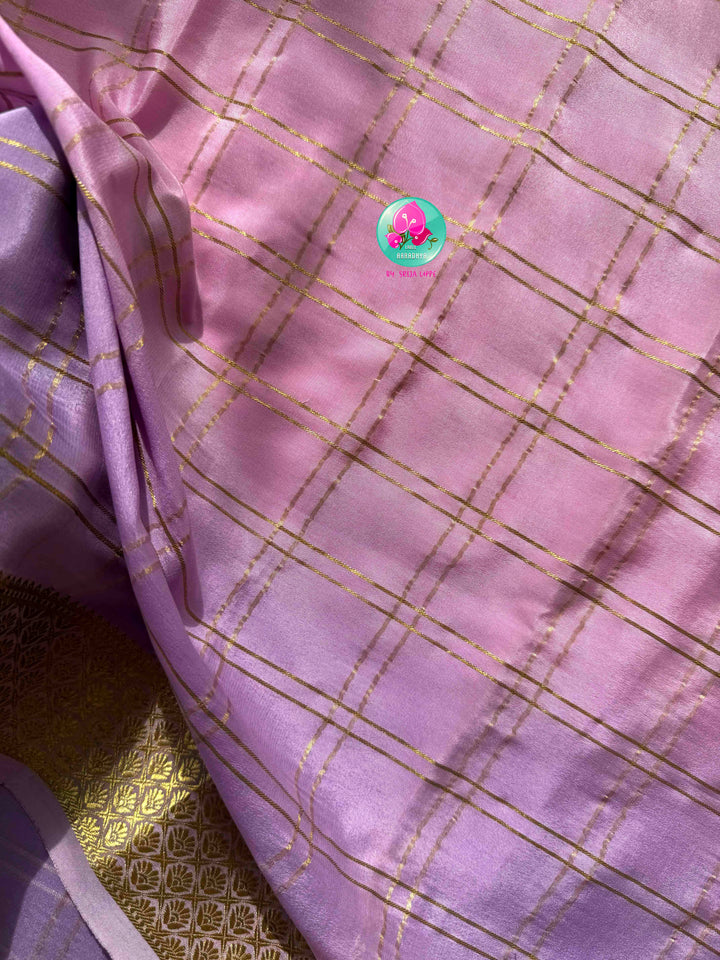 Ethereal Ombré Dream: Dual Ombré Lavender Checkered 120gsm Pure Mysore Silk Saree with Hand-Embroidered Peacock Blouse
