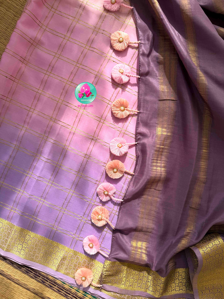 Ethereal Ombré Dream: Dual Ombré Lavender Checkered 120gsm Pure Mysore Silk Saree with Hand-Embroidered Peacock Blouse