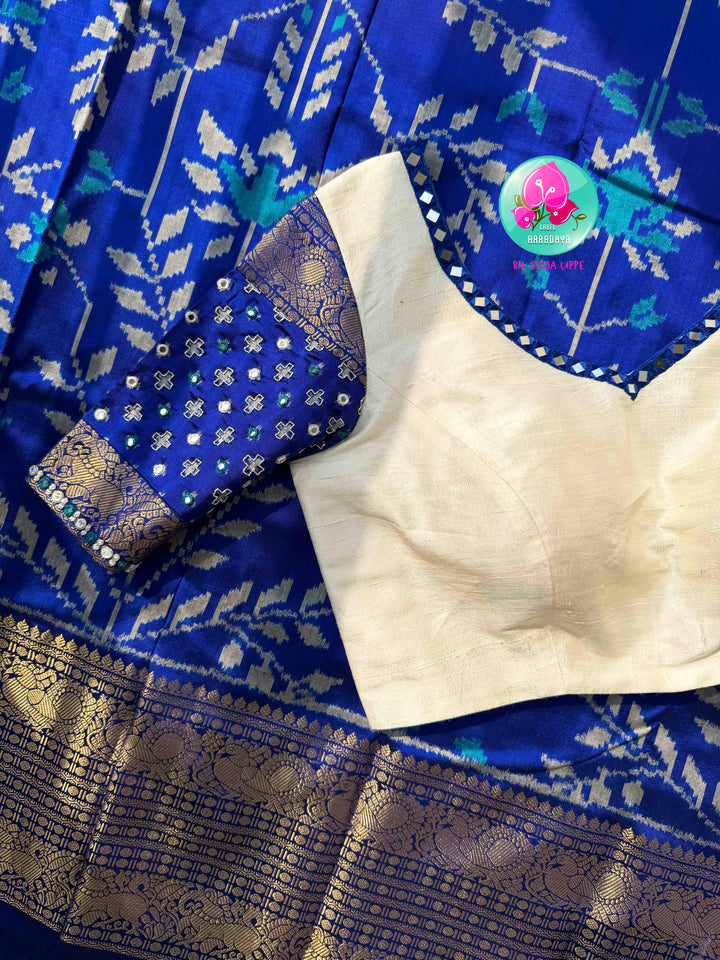 Sapphire Serenade: Royal Blue Ikkat Silk with Kanchi Heritage & Gilded Mirror Artistry