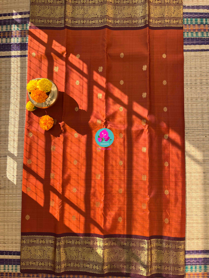 Pure Kanchipattu saree in vintage rust orange and brown border with hand embroidered blouse