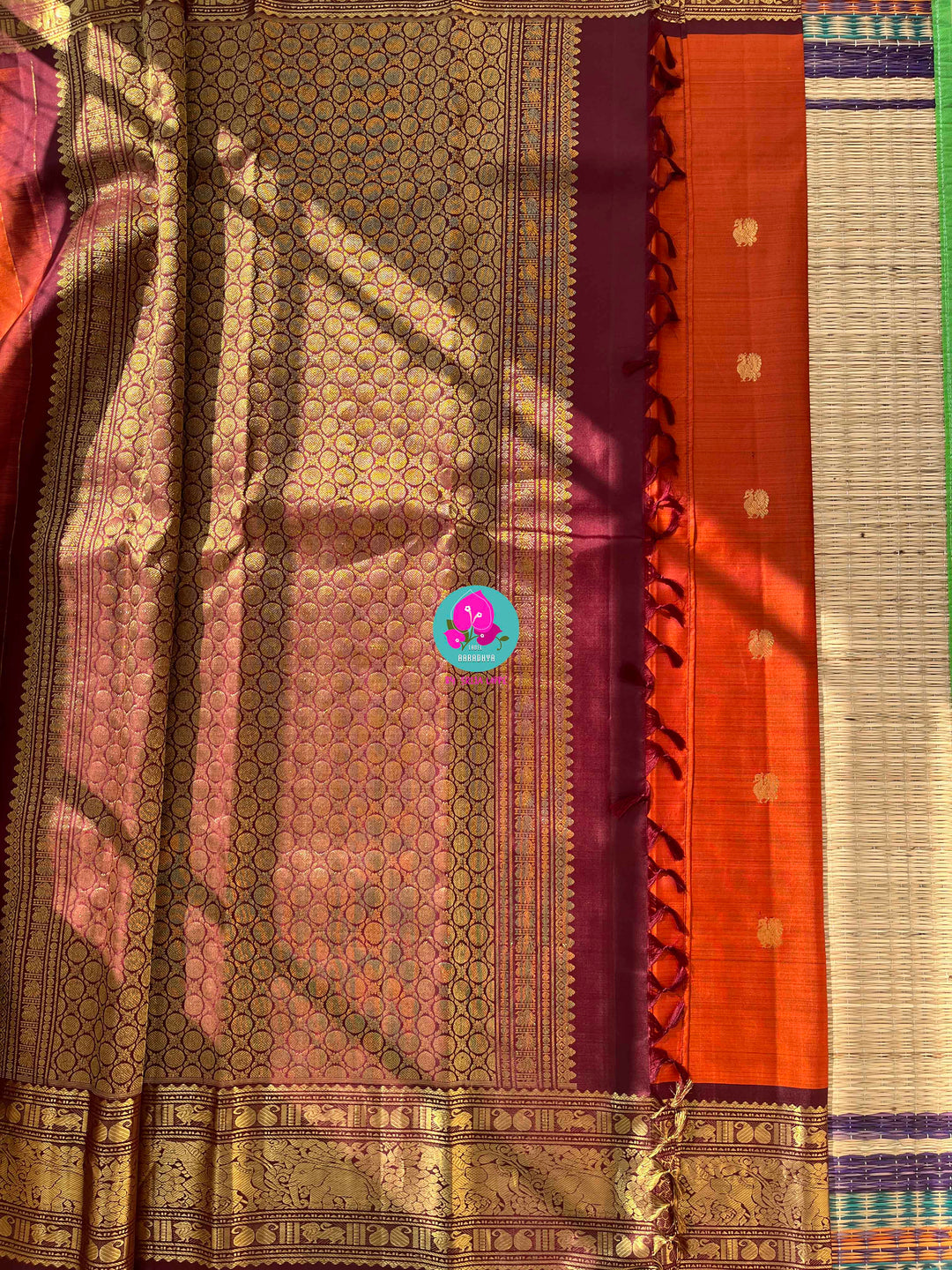 Pure Kanchipattu saree in vintage rust orange and brown border with hand embroidered blouse