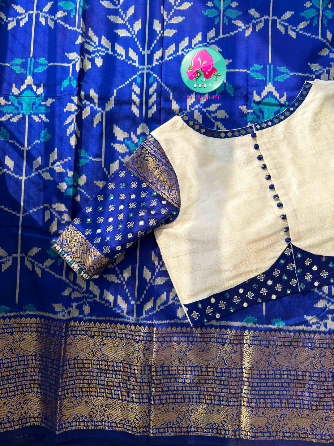 Sapphire Serenade: Royal Blue Ikkat Silk with Kanchi Heritage & Gilded Mirror Artistry