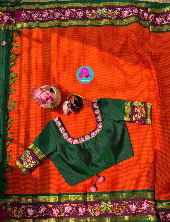 Fusion of Art & Weave: Tanjore Hand-Painted Kanchipattu Saree in Sunset Orange & Green