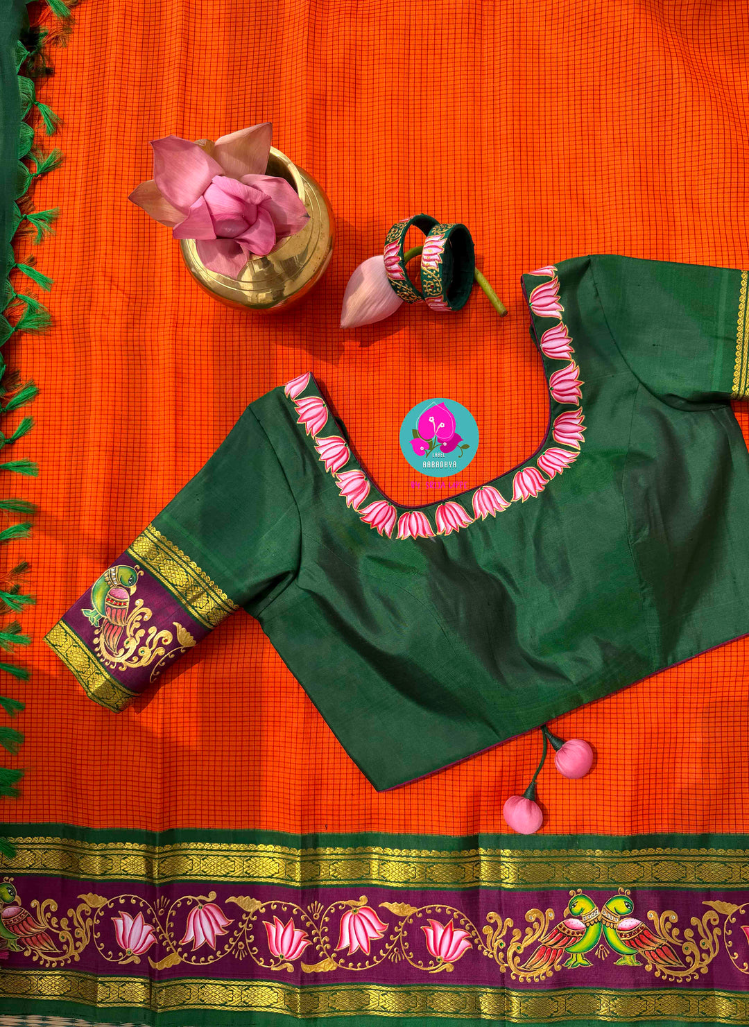 Fusion of Art & Weave: Tanjore Hand-Painted Kanchipattu Saree in Sunset Orange & Green