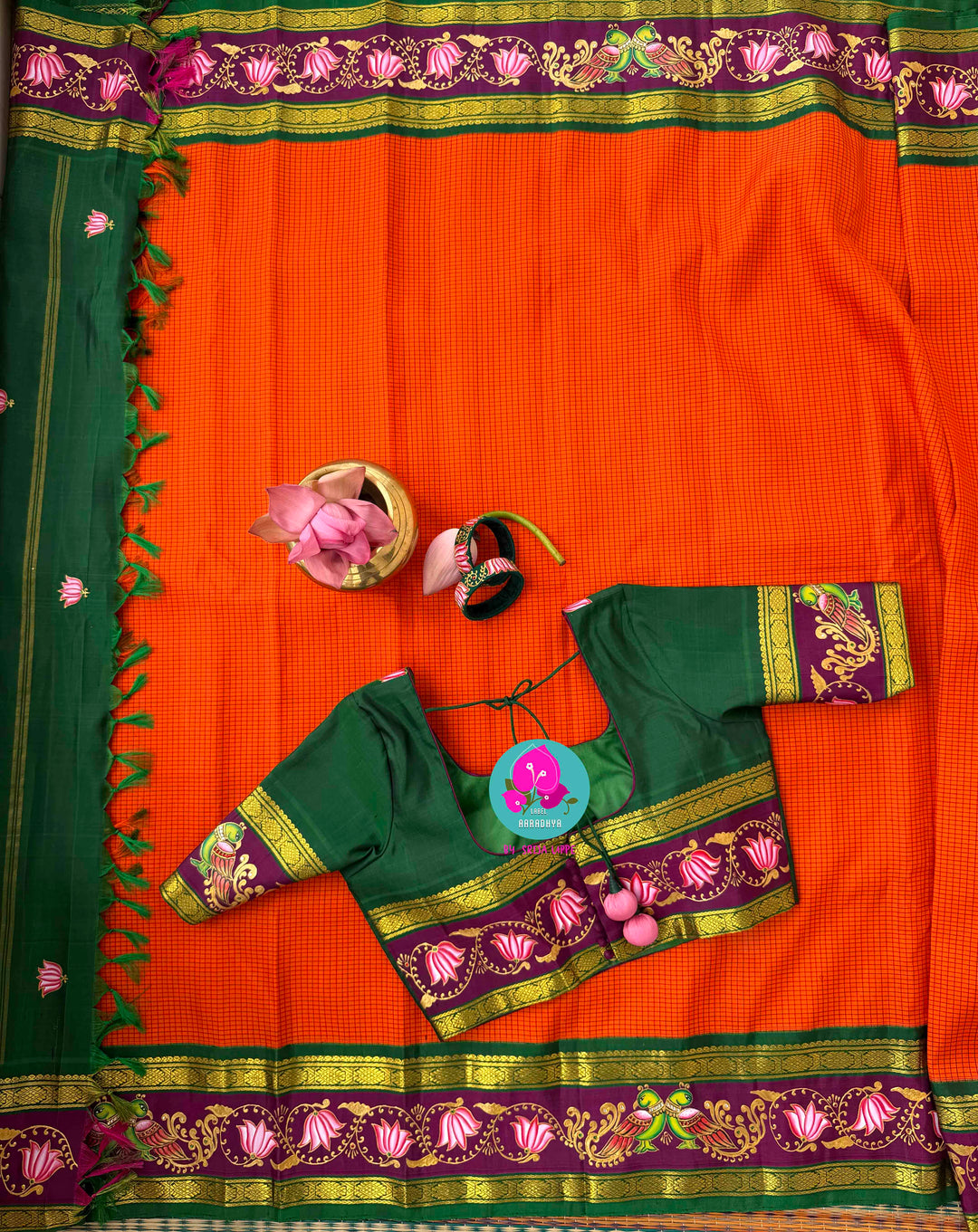 Fusion of Art & Weave: Tanjore Hand-Painted Kanchipattu Saree in Sunset Orange & Green