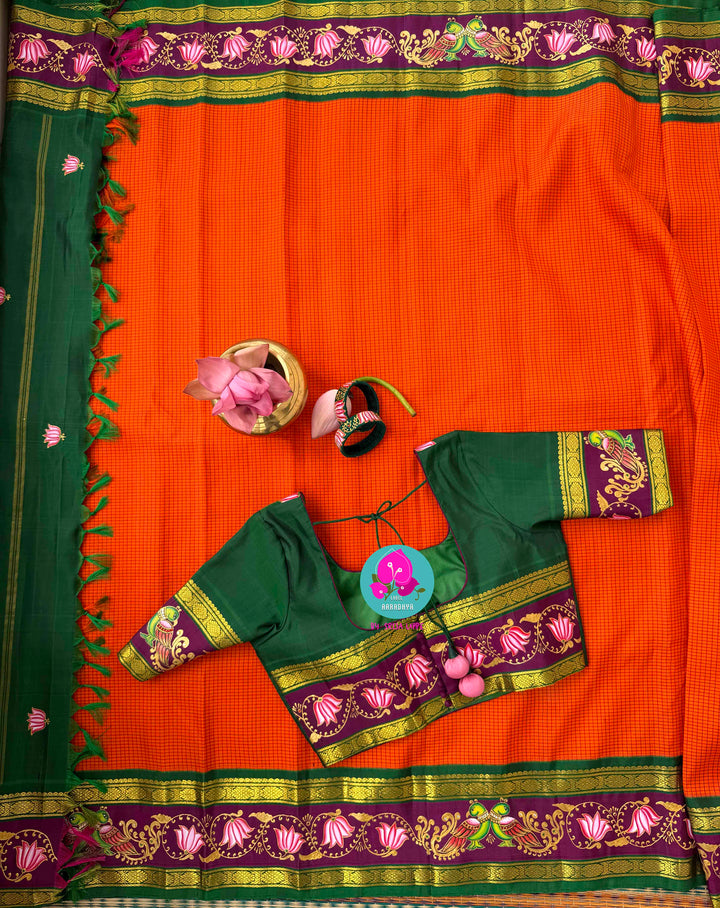 Fusion of Art & Weave: Tanjore Hand-Painted Kanchipattu Saree in Sunset Orange & Green