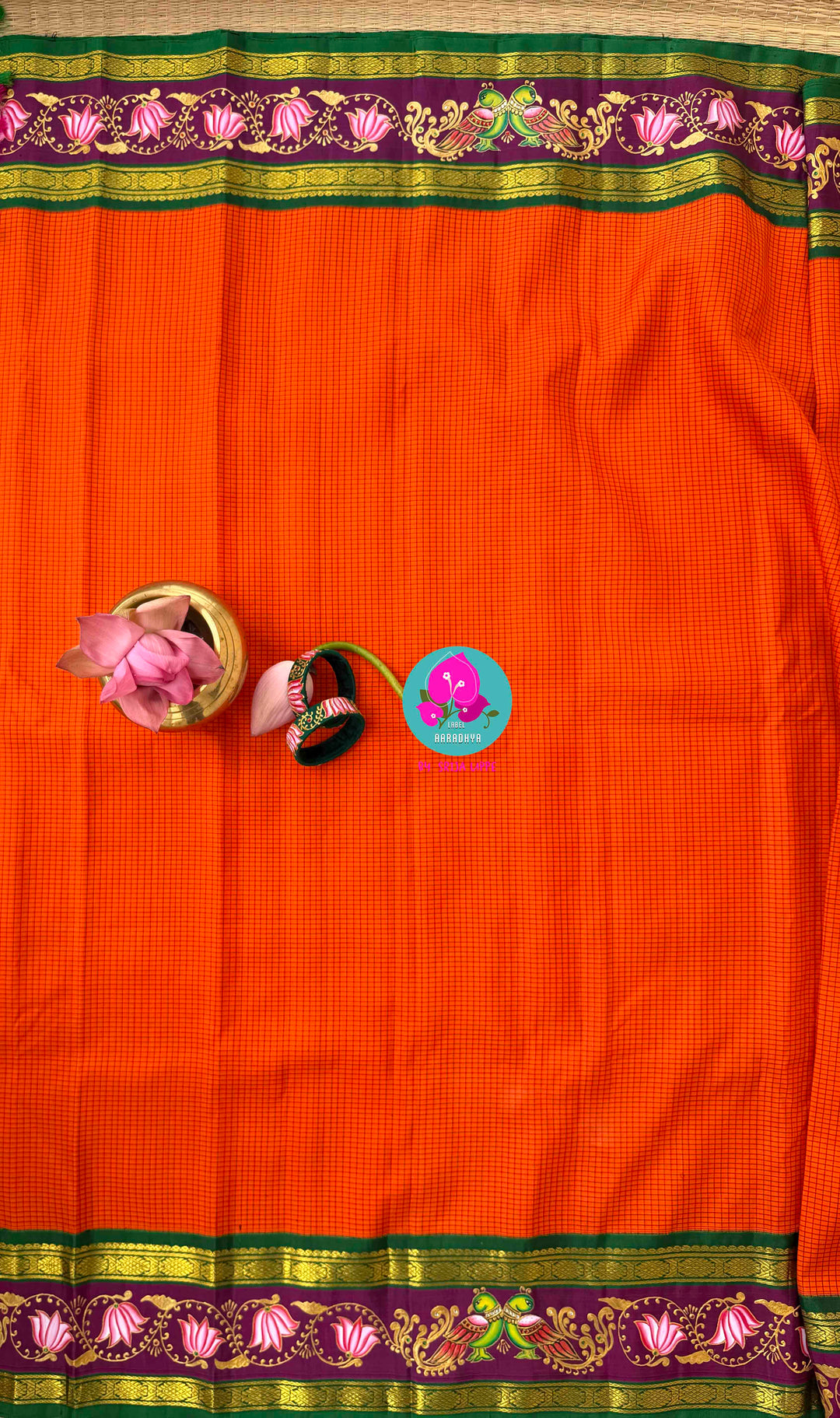 Fusion of Art & Weave: Tanjore Hand-Painted Kanchipattu Saree in Sunset Orange & Green