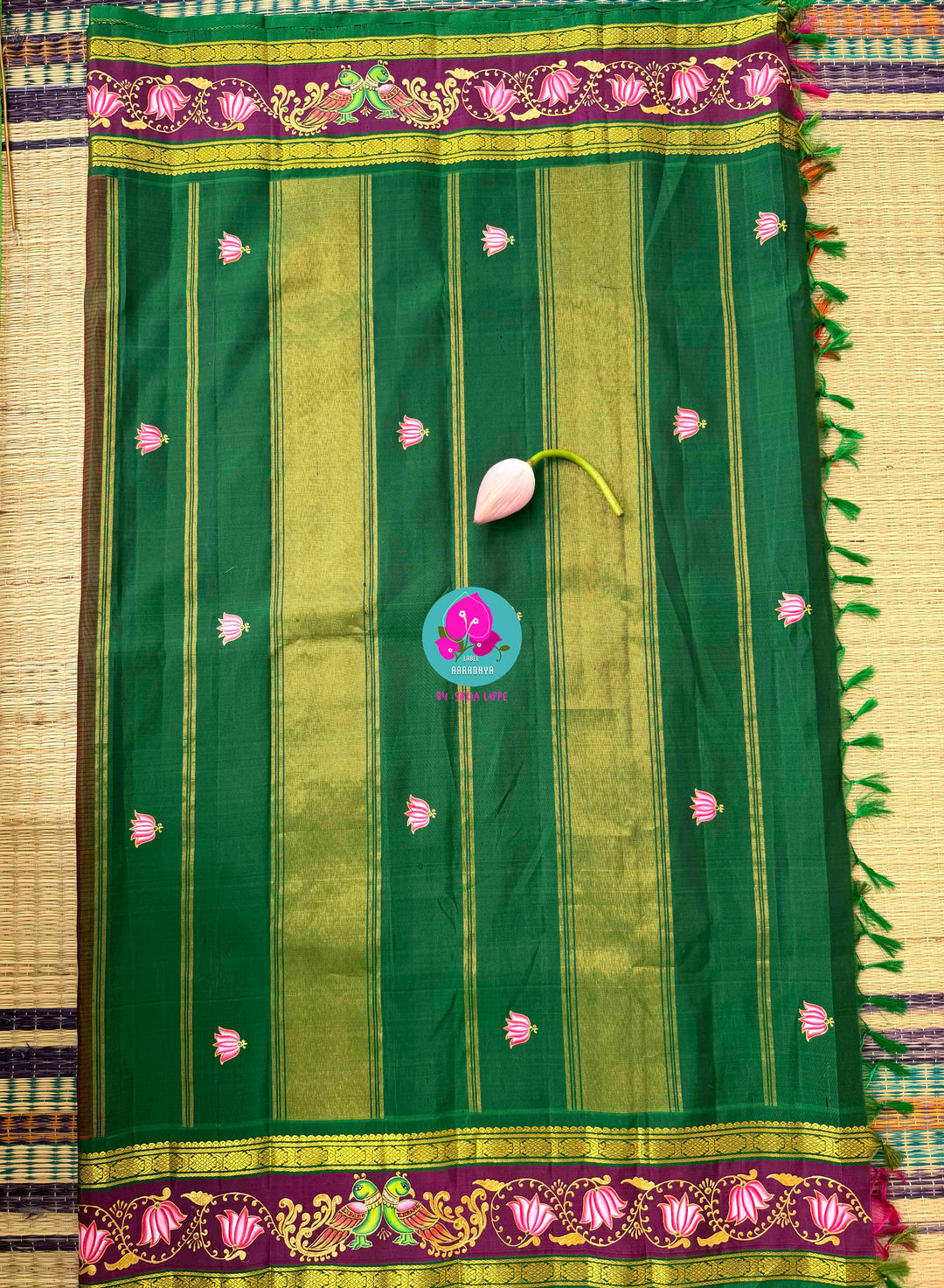 Fusion of Art & Weave: Tanjore Hand-Painted Kanchipattu Saree in Sunset Orange & Green