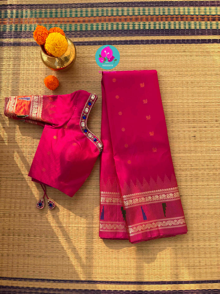 Petals of Luminescence: Pure Tissue Gadwal in Radiant Pink with 3D Jewel Artistry